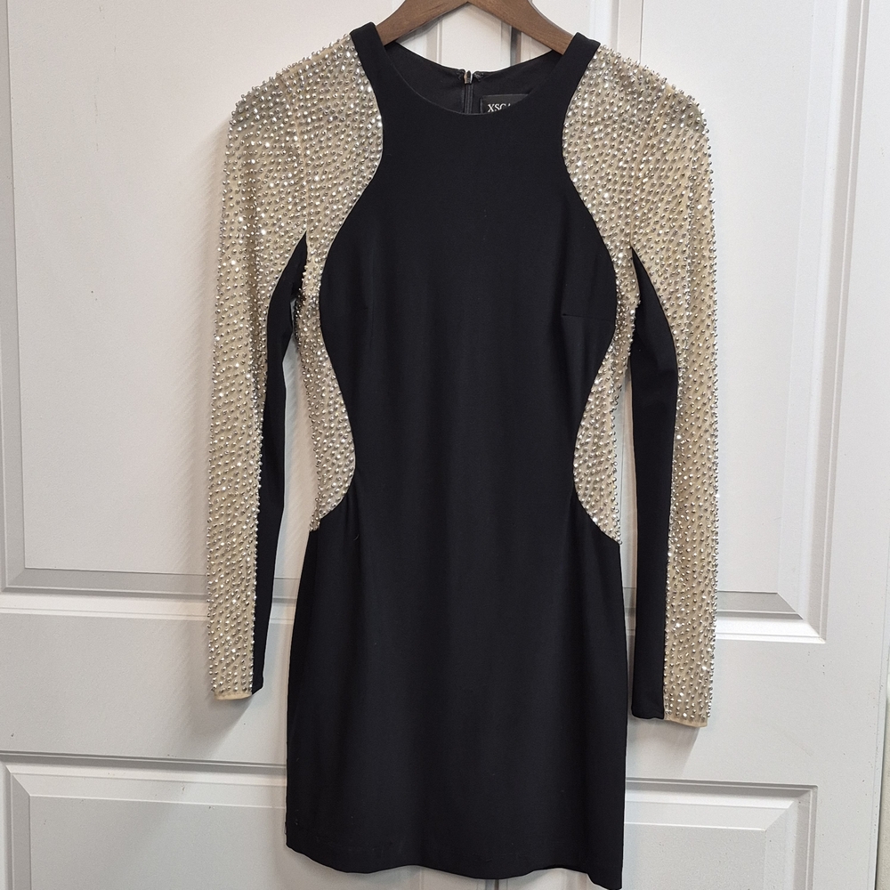 Xscape Women's Black & Silver Embellished Long Sleeve Sheath Dress Formal Size 4